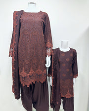 Simrans Ladies Boho Chikankari Brown Embroidered Farshi Suit