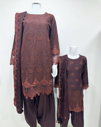 Simrans Ladies Boho Chikankari Brown Embroidered Farshi Suit