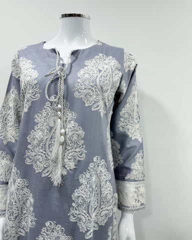 Simrans Jannat Grey White Embroidered Linen Shawl Suit