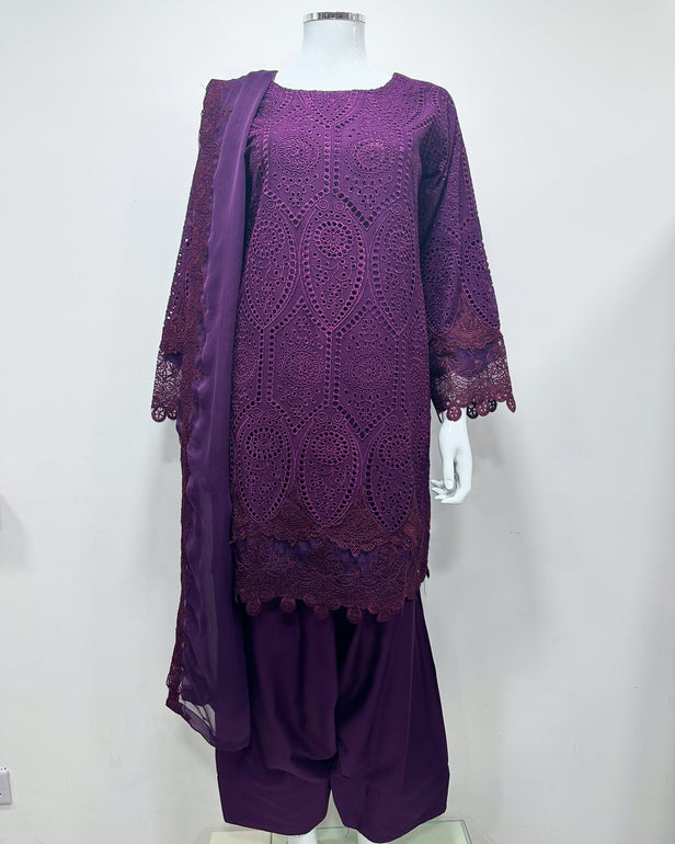 Simrans Ladies Boho Chikankari Purple Embroidered Farshi Suit