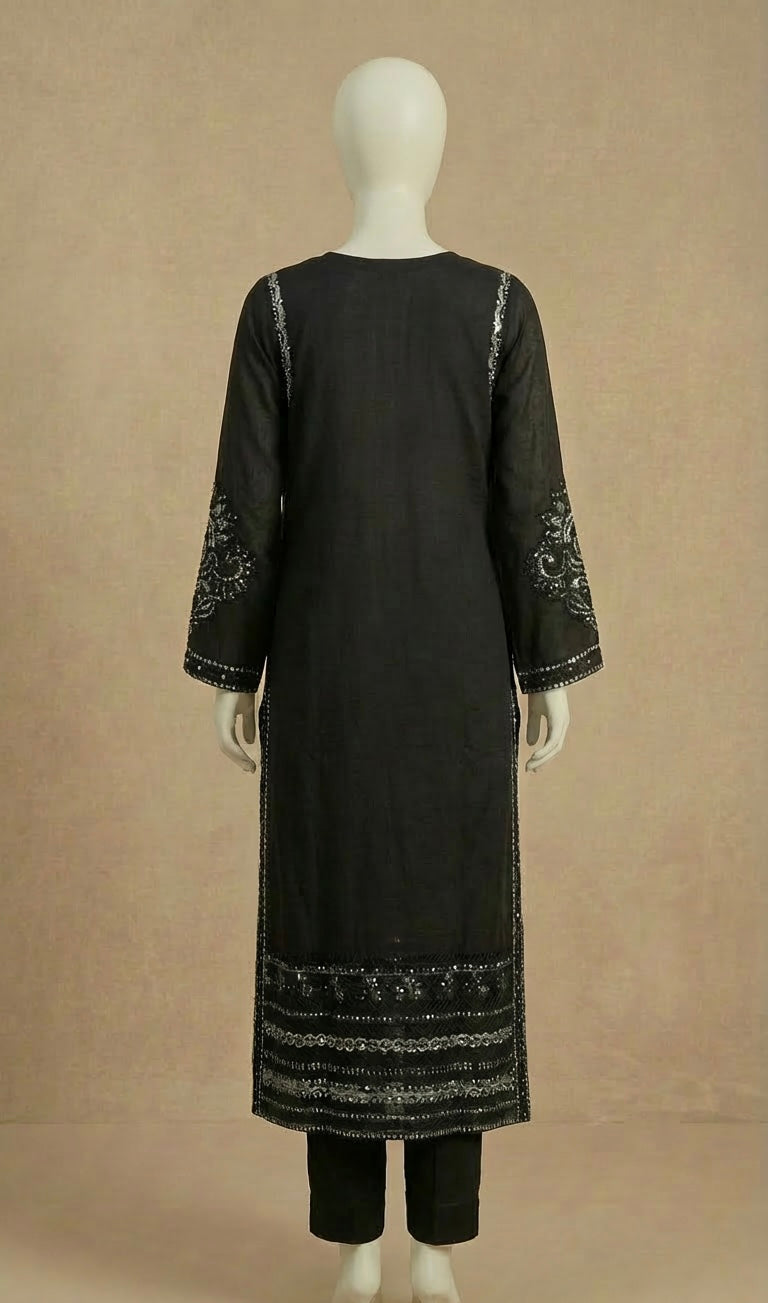 Black Sequin Embroidered Long Kameez Suit by Simrans