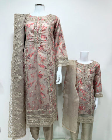Simrans Ladies Mocha Fancy Silk Net Kameez Suit