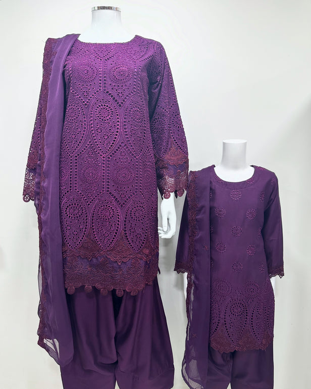 Simrans Girls Boho Chikankari Purple Embroidered Farshi Suit