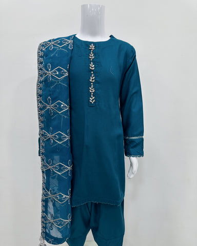 Simrans Girls Kaash Festive Teal Farsha Salwar Suit