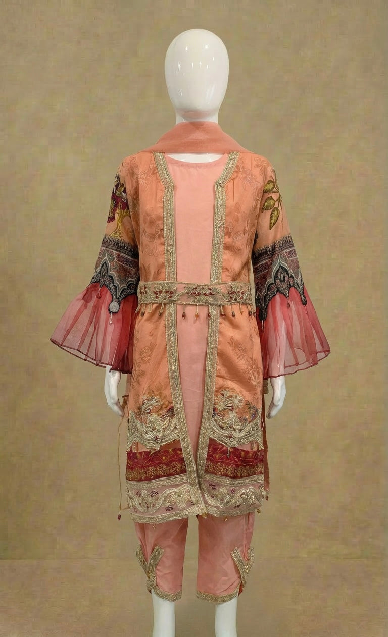 Ivana Girls Designer Peach Jacket Belt Suit by Simrans