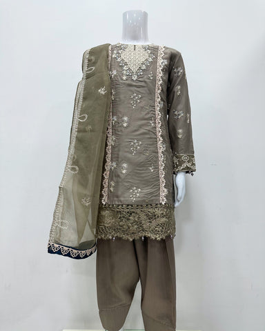 Simrans Girls Ivana Lux Farshi Greige Viscose Embroidered Suit