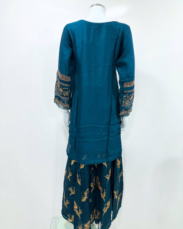 Simrans Teal Chiffon Block Print Garara Suit