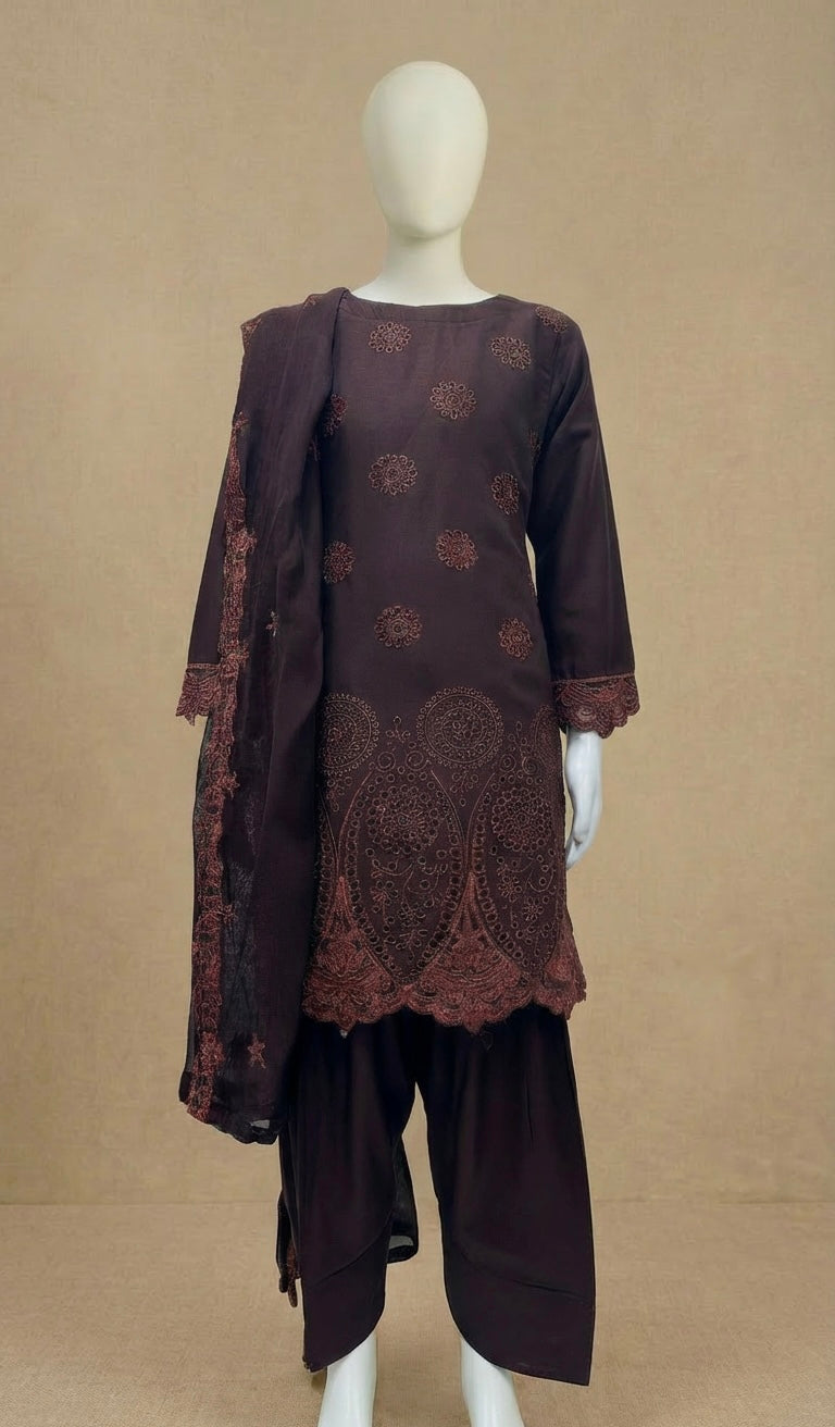 Girls Boho Chikankari Brown Embroidered Farshi Suit by Simrans