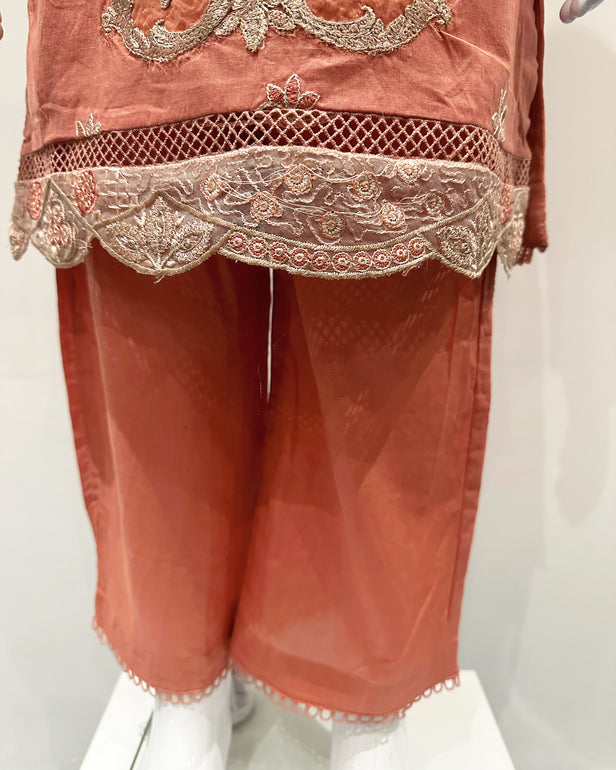 Simrans Fiesta Girls Blush Orange Embroidered Suit