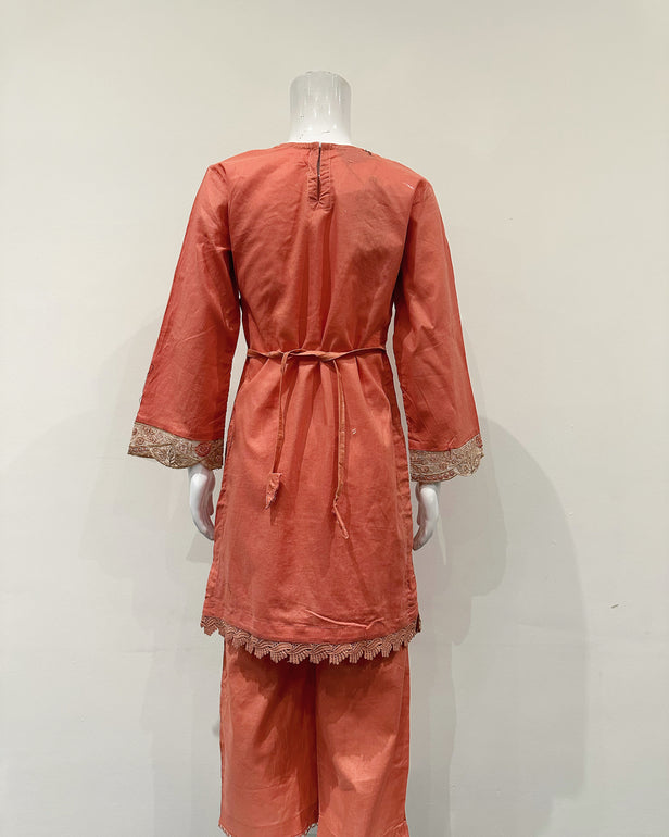 Simrans Fiesta Girls Blush Orange Embroidered Suit