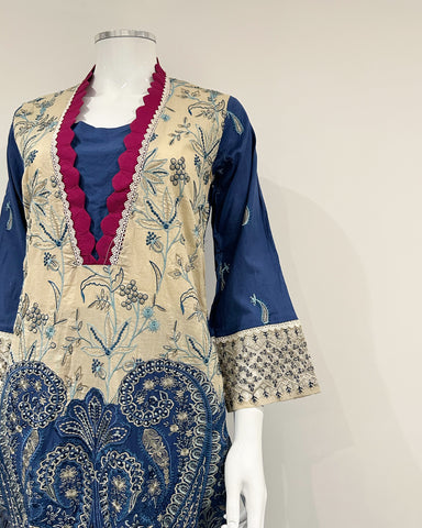 Simrans Fiesta Ladies Blue Contrast Embroidered Suit