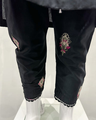 Nazneen Girls Black Embroidered Cuffed Kameez Suit