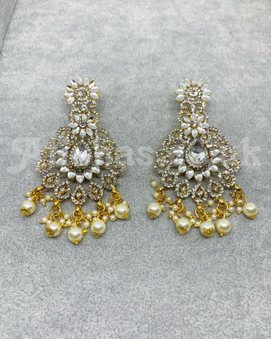 Gold Intricate Kundan and Stone Earring and Tikka Set - Silver