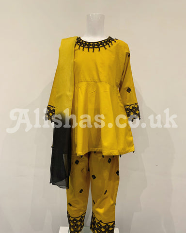 Simrans Mustard Girls Embroidered Peplum Suit