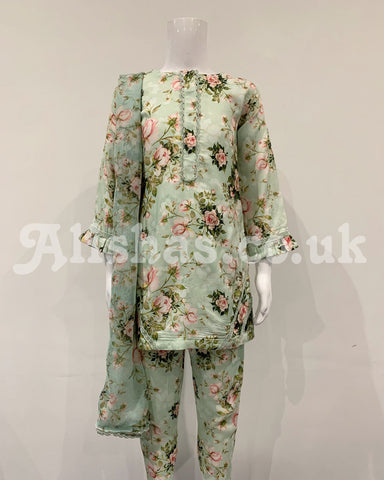 Simrans Girls Digital Pale Green Floral Linen Suit