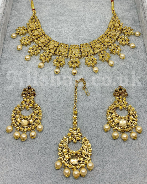 Pearl Beaded Stone Necklace Set - Gold