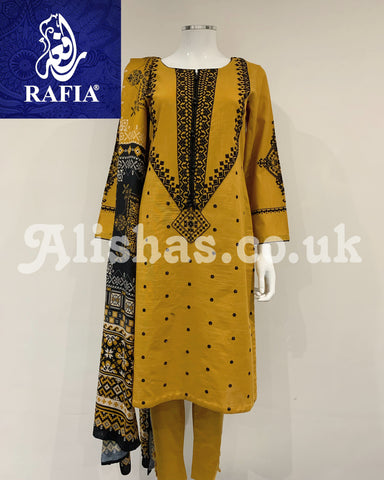 RAFIA Designer Mustard Black Khaddar Embroidered Kameez Suit