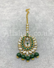 Pale Gold Base Kundan Style Beaded Necklace Set - Green