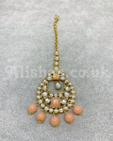 Gold Kundan Style Square Necklace Set - Peach