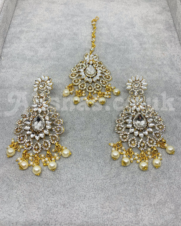 Gold Intricate Kundan and Stone Earring and Tikka Set - Silver
