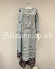 Simrans Ice Grey Embroidered Ajrak Linen Flary Pants Suit