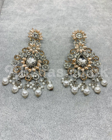 Silver Kundan and Stone Earring and Tikka Set - Rose Gold