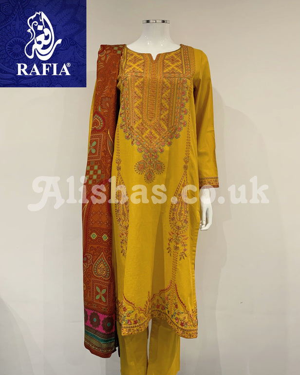 RAFIA Designer Pale Mustard Premium Khaddar Embroidered Kameez Suit