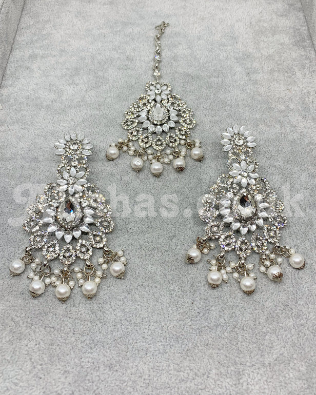 Silver Kundan and Stone Earring and Tikka Set