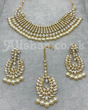 Pale Gold Base Kundan Style Beaded Necklace Set - Silver