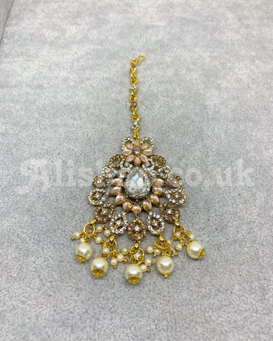 Gold Kundan and Stone Earring and Tikka Set - Rose gold/Silver