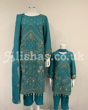 Girls Teal Fancy Chiffon Embroidered Kameez Suit