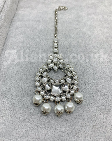 Pearl Beaded Stone Necklace Set - Silver