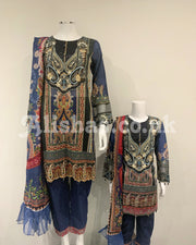 Haseen Aztec Blue Girls Lawn Kameez Suit
