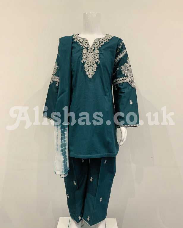 Simrans Teal Girls Embroidered Kameez Suit