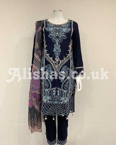 Dhanak Navy Blue Warm Embroidered Kameez Suit with Shawl and Dupatta