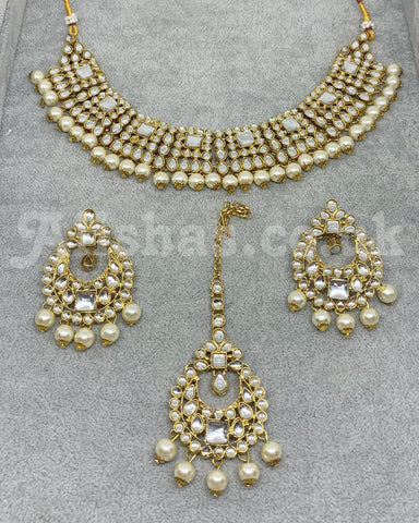 Gold Kundan Style Square Necklace Set - Silver