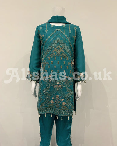 Girls Teal Fancy Chiffon Embroidered Kameez Suit