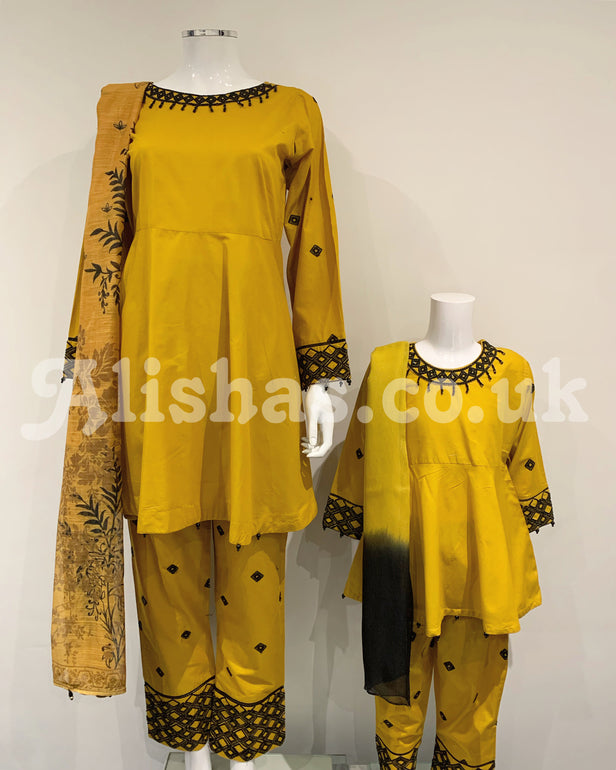 Simrans Mustard Girls Embroidered Peplum Suit