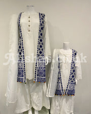 Simrans White Ladies Ajrak Jacket Kameez Suit