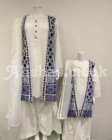 Simrans White Girls Ajrak Jacket Kameez Suit