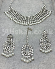 Silver Kundan Style Beaded Necklace Set