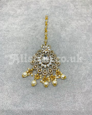 Gold Kundan and Stone Earring and Tikka Set - Silver