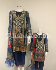Haseen Aztec Blue Ladies Lawn Kameez Suit