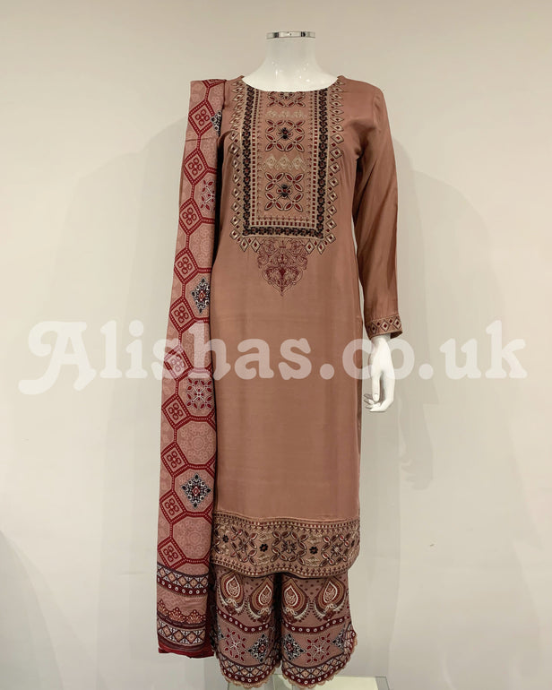 Simrans Burnt Orange Embroidered Ajrak Linen Flary Pants Suit