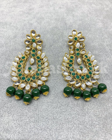 Pale Gold Base Kundan Style Beaded Necklace Set - Green
