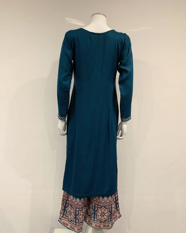 Simrans Teal Embroidered Ajrak Linen Flary Pants Suit