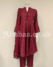 Simrans Magenta Hem Slub Linen Printed Dress Suit