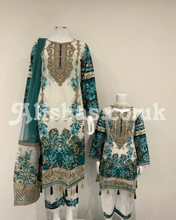 Girls Designer Aqua Floral Kameez Suit