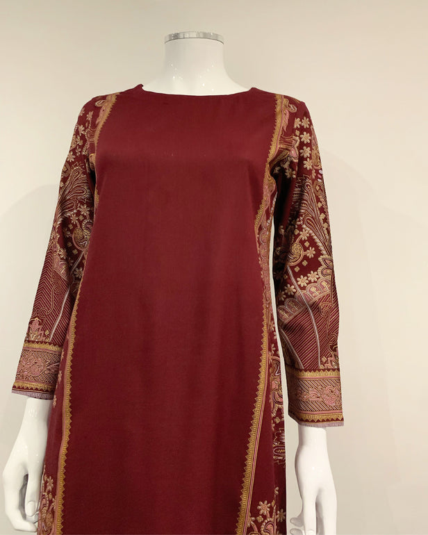 Clasico Elura Maroon Linen Block Print Suit