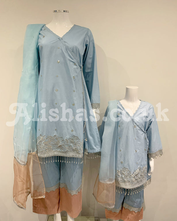 Simrans Pale Blue Girls Embroidered Peplum Suit